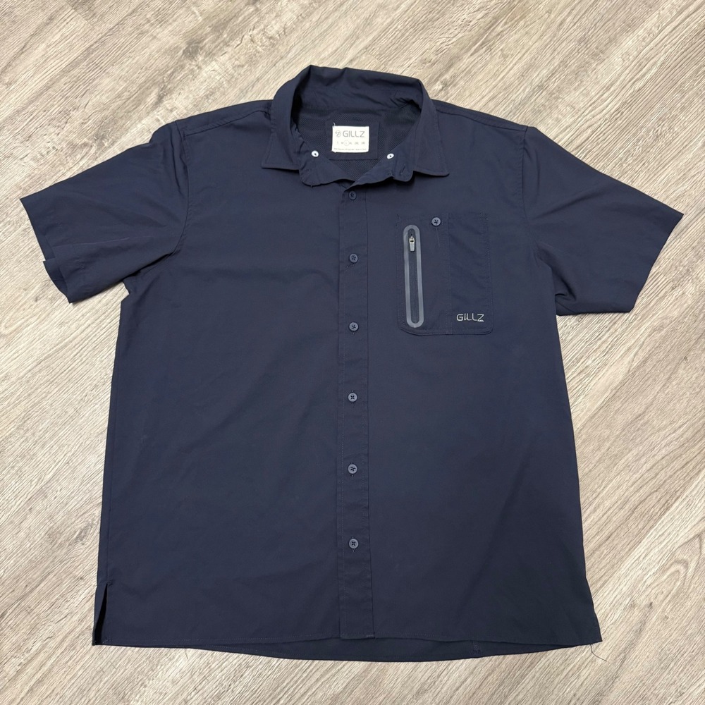 Gillz Mens Large Navy Blue Short Sleeve Fishing Shirt‎ Button Up Performance